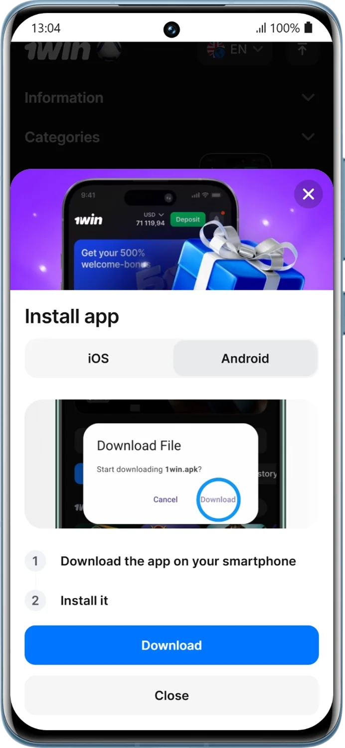 Step 1: Allow installation from unknown sources and run the 1win APK installer