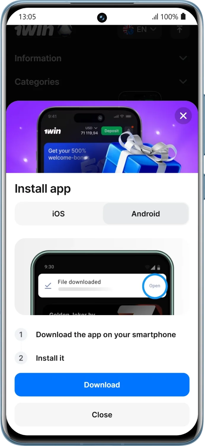 Step 2: Download the 1win APK and install the app in India
