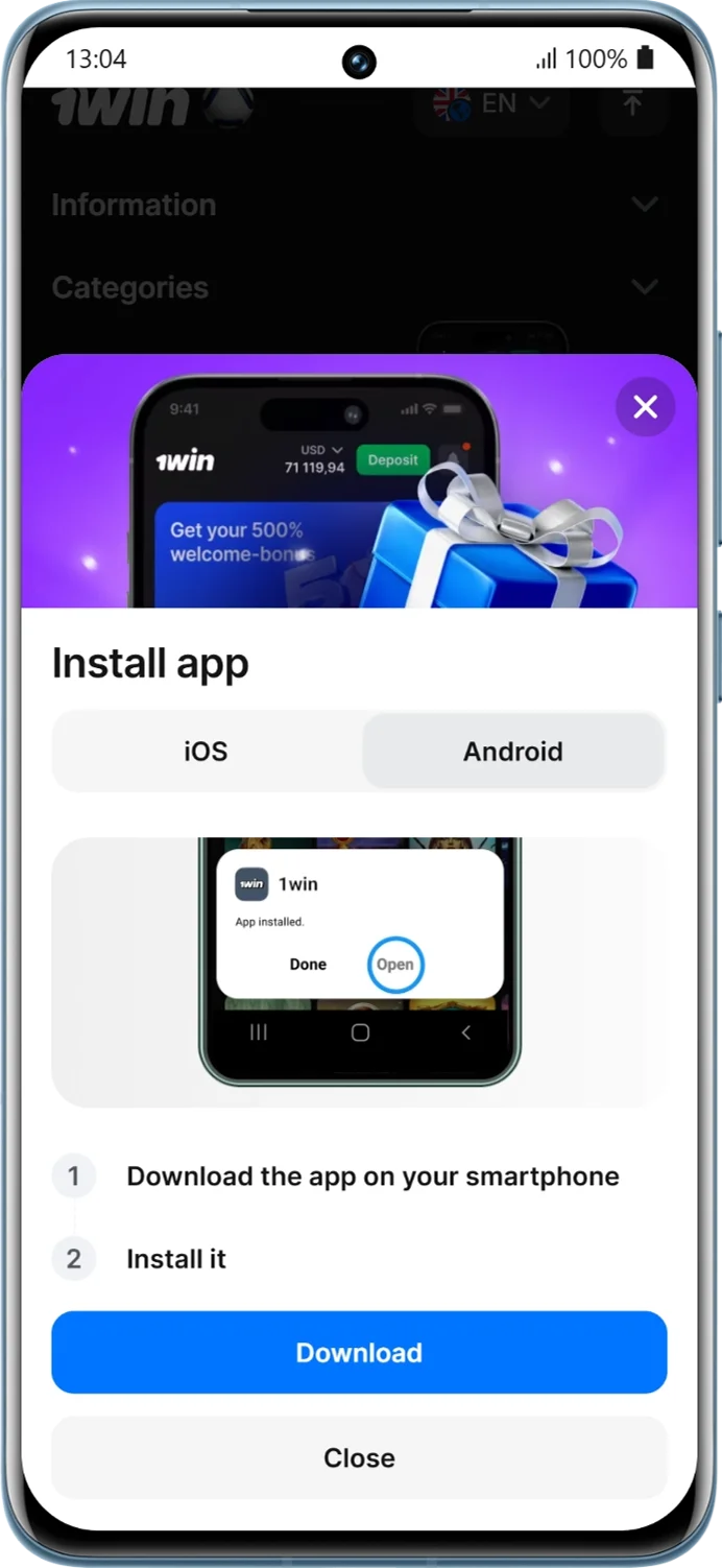 Step 3: Finish installing the app and log in to your 1win account
