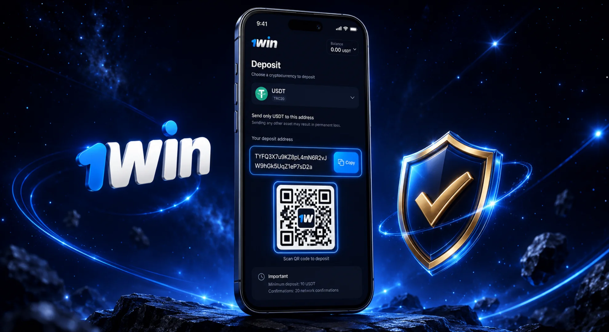 Copying unique crypto wallet destination address and scanning QR code in 1win app