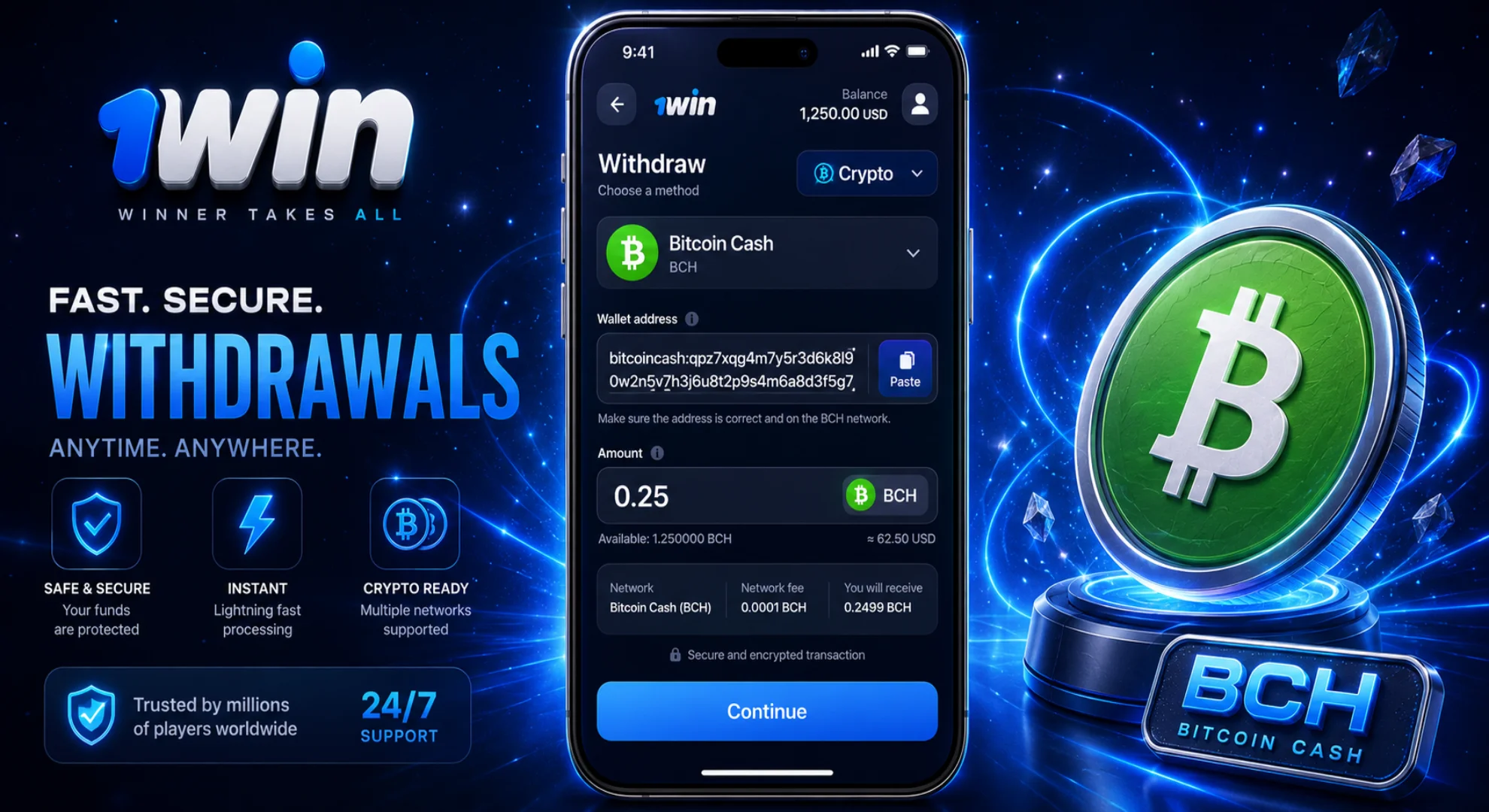 Pasting personal crypto wallet address and specifying withdrawal amount in 1win app