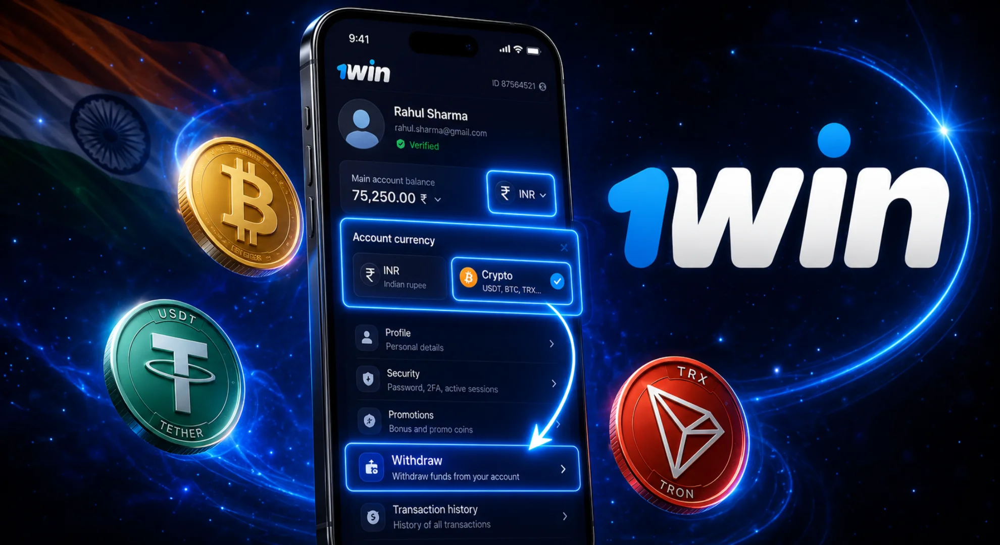 Choosing crypto withdrawal option and switching account currency in 1win menu 2026