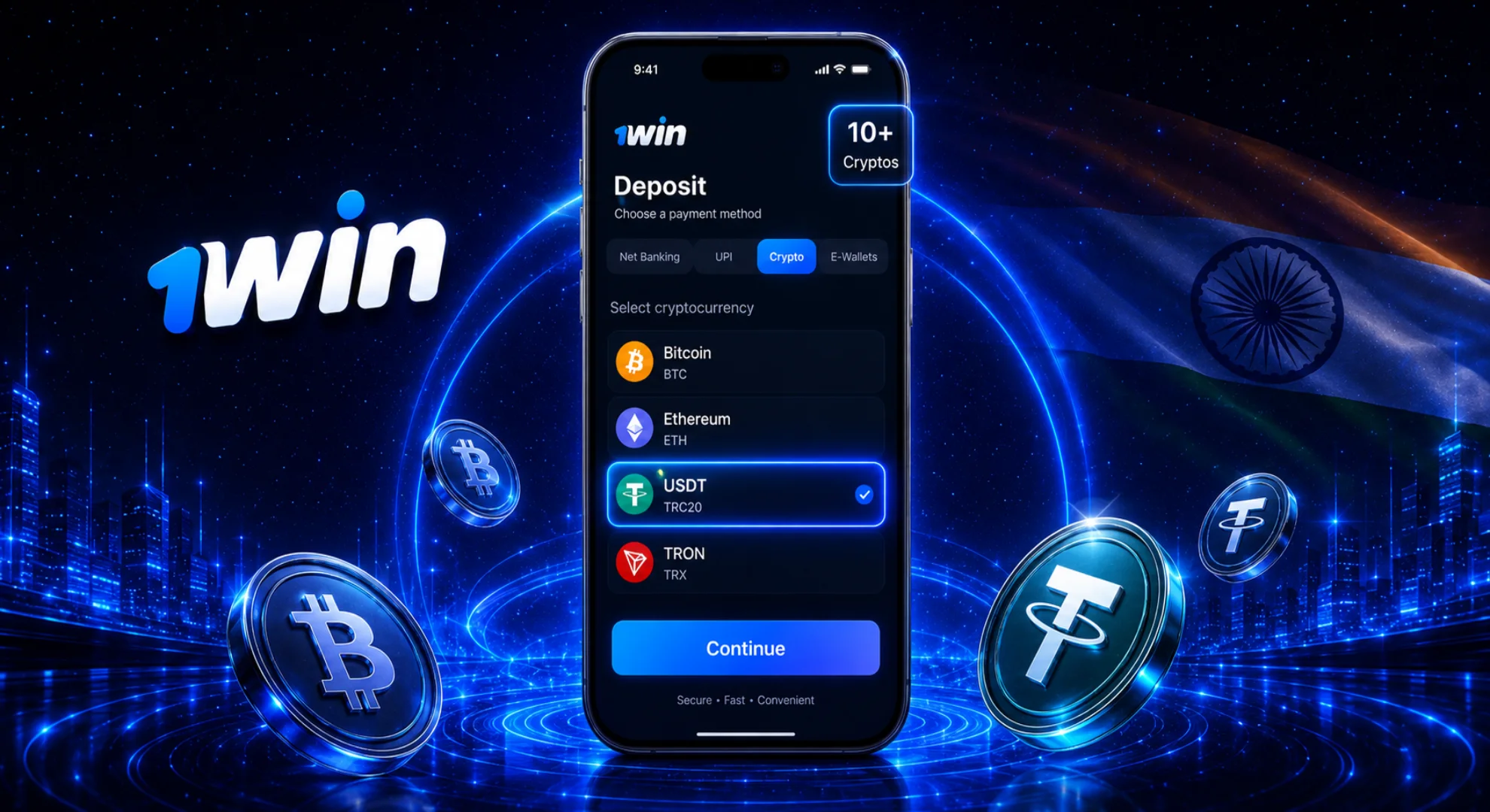 Selecting cryptocurrency coin option in 1win deposit menu on iOS app 2026
