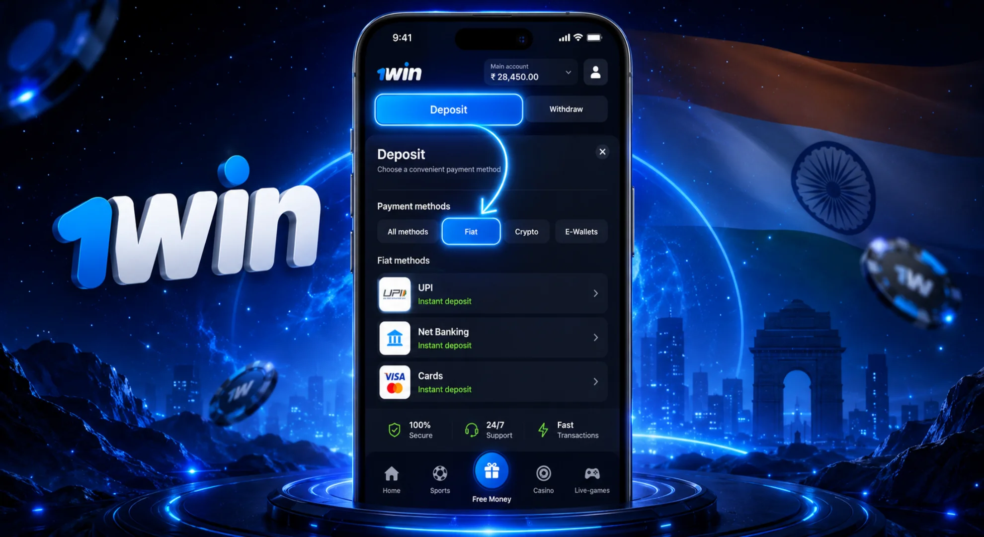 Opening the Fiat Deposit section in 1win iOS mobile application 2026