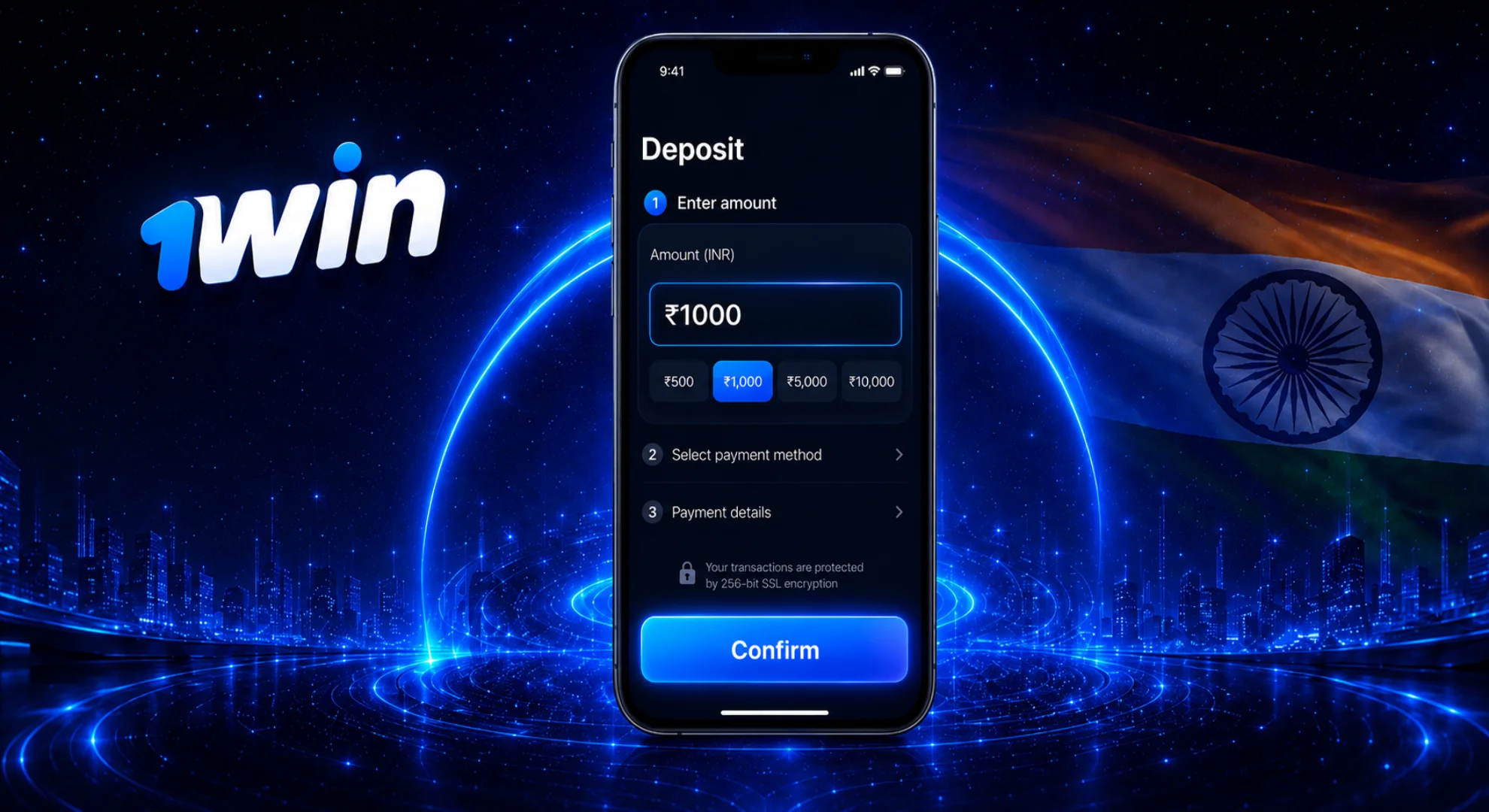 Entering deposit amount and confirming transaction in 1win iOS app India