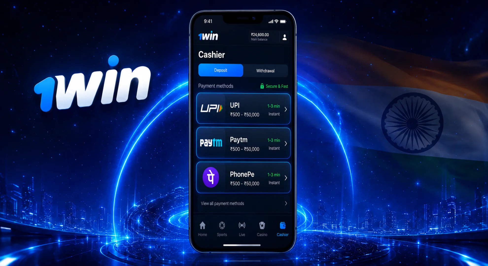 Selecting UPI Paytm or PhonePe payment method in 1win iPhone app